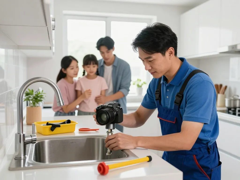 Encenador fixing a kitchen sink in a bright home, showcasing professional plumbing service.