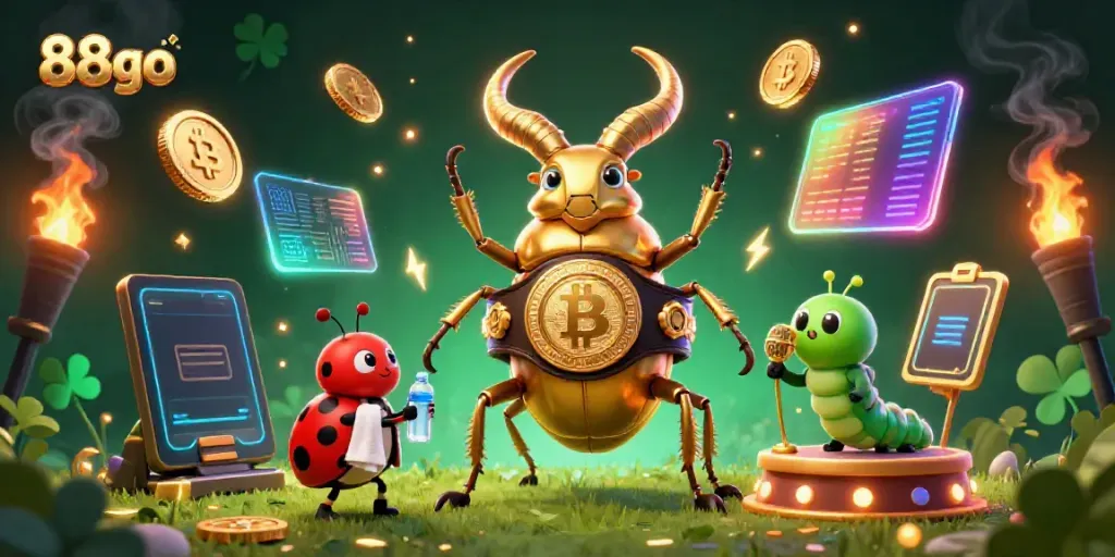 Engage in captivating gameplay with 88go as a giant golden stag beetle competes in a vibrant casino setting.
