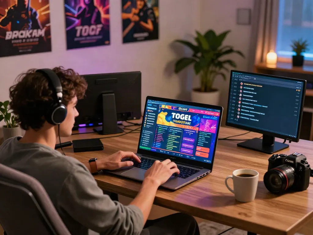 Jogador aproveitando o jogo de java toto em um laptop na sala de estar, com café e smartphone ao lado.