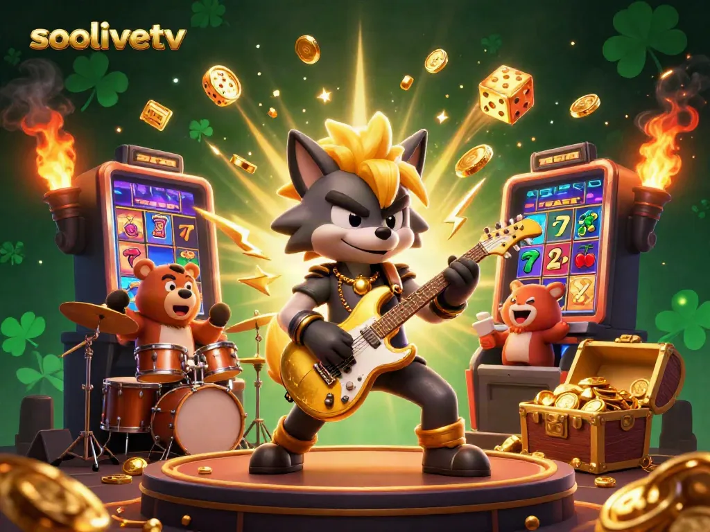 Experience the excitement of socolivetv with a dynamic casino scene featuring a rock star wolf and a wild drummer bear.