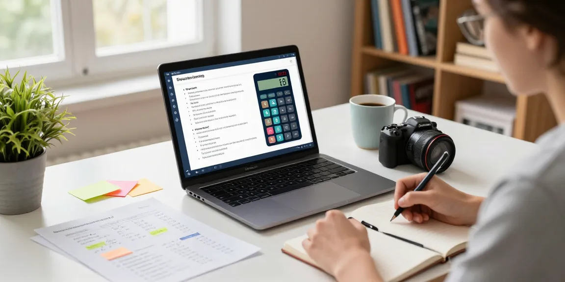 Calculadoras online grátis na tela do laptop enquanto usuário estuda em casa, decoração de ambiente com plantinhas e livros.