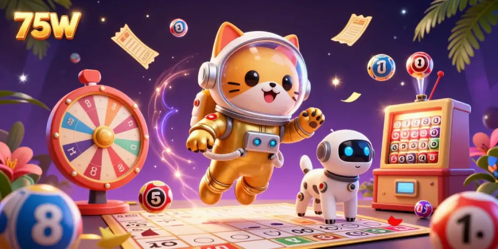 Experience an exciting 75W gaming adventure with a floating astronaut cat and robot dog in vibrant casino elements.
