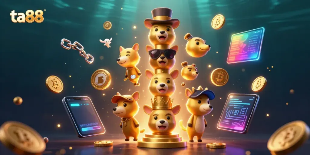 Experience ta88 thrills with vibrant casino totem poles and captivating crypto elements in this underwater scene.