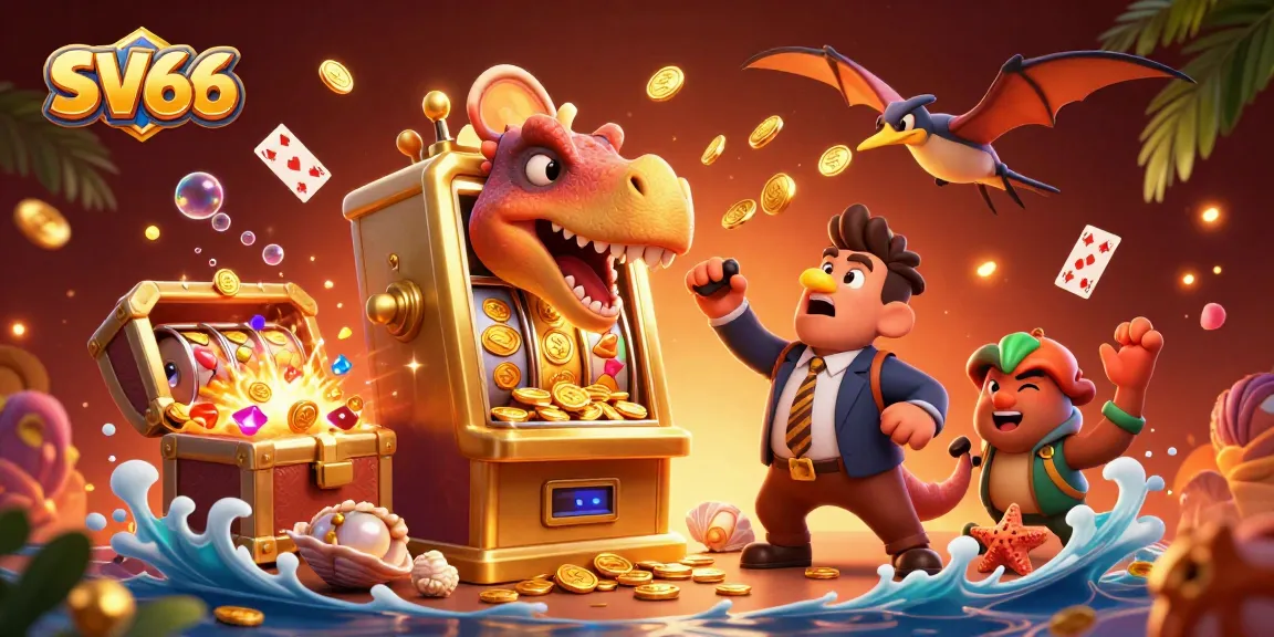 SV66 showcases a fun casino scene with cartoon dinosaurs interacting with slot machines and golden coins.