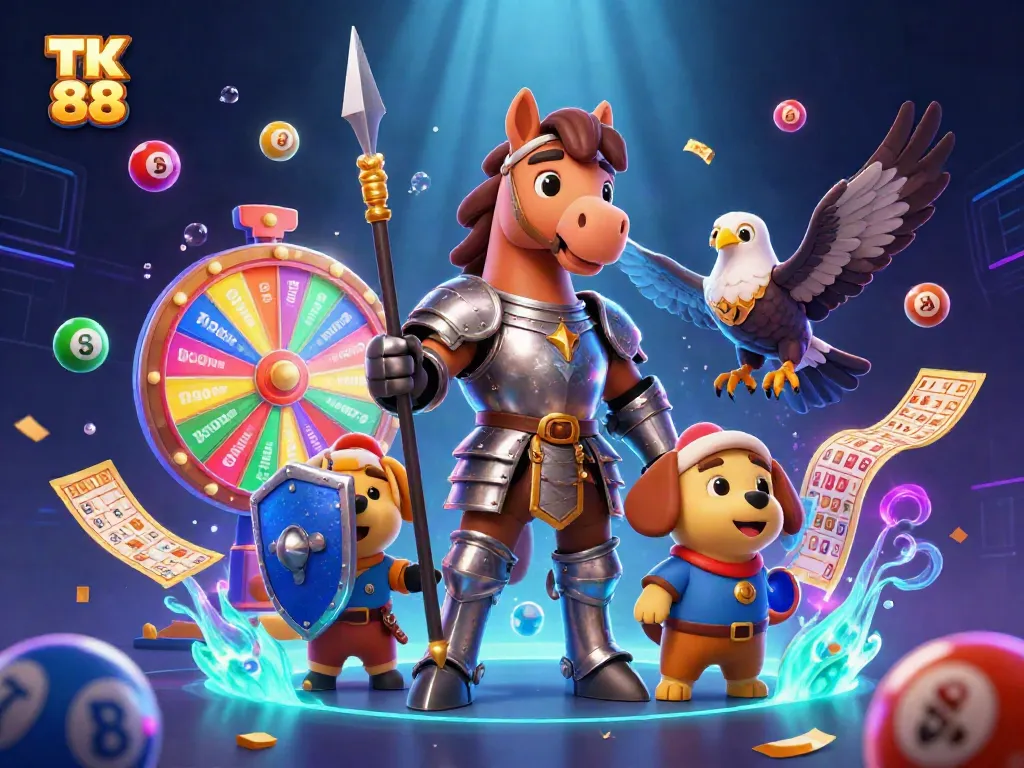 Experience TK 88 with exciting casino action featuring vibrant lottery balls and engaging characters.