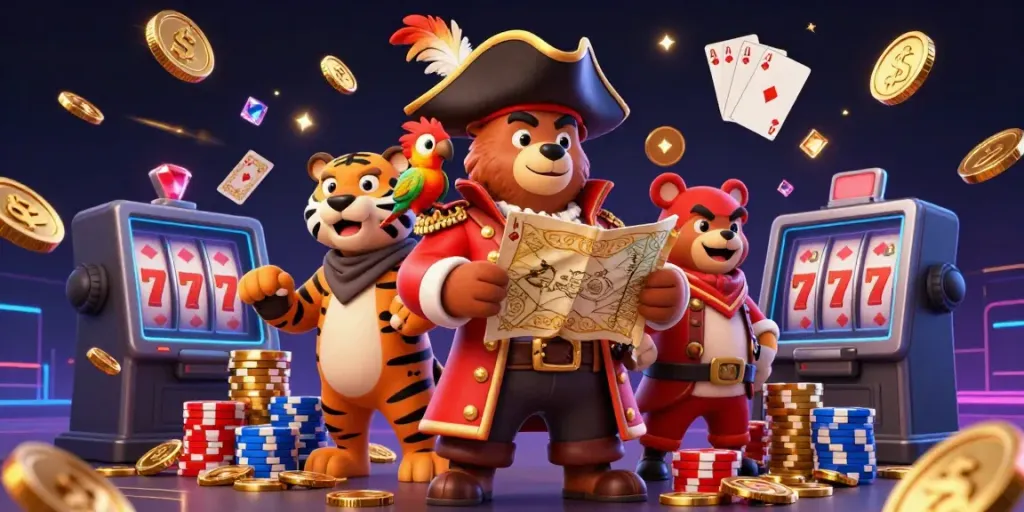 Experience shbet excitement with a pirate bear, tiger, and parrot amid casino treasures.