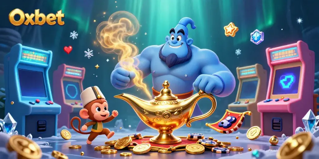 Play engaging games with Oxbet featuring a playful genie, monkey, and flying poker chips.