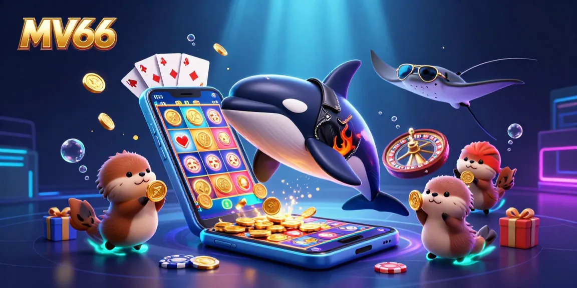 Experience MV66's exciting features with an orca jumping alongside otters while winning slots and casino prizes.