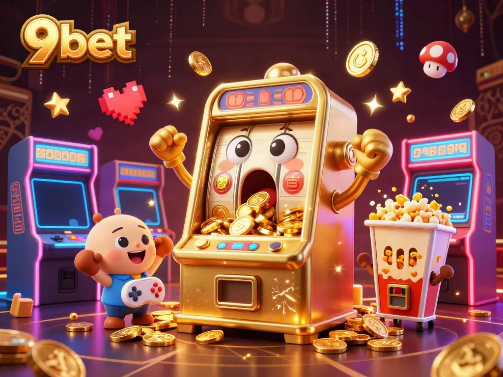 Experience captivating moments with 9bet as a joyful slot machine hits a jackpot and coins pour out.