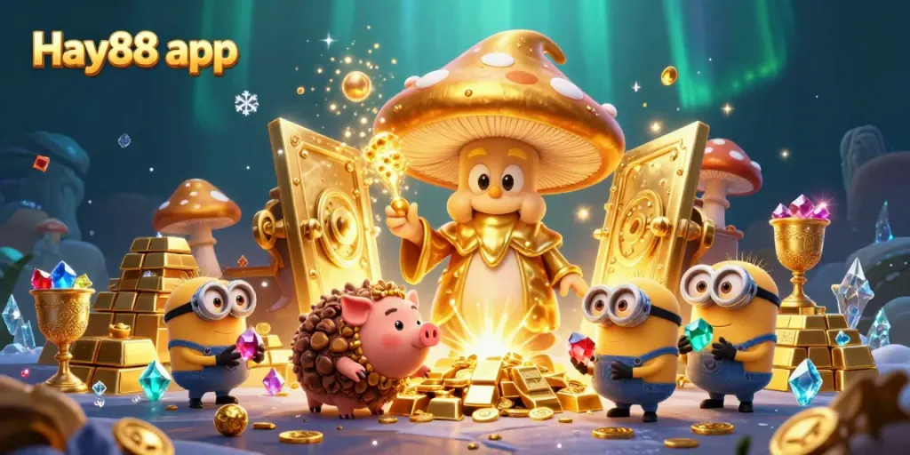 Experience the thrill of gaming with the Hay88 app illustrated amidst treasures and magic.
