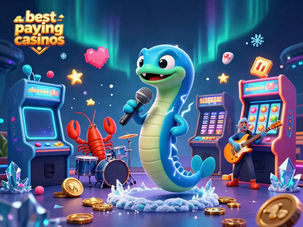 Engage with top paying online casinos featuring electric eel DJ surrounded by vibrant gaming elements.